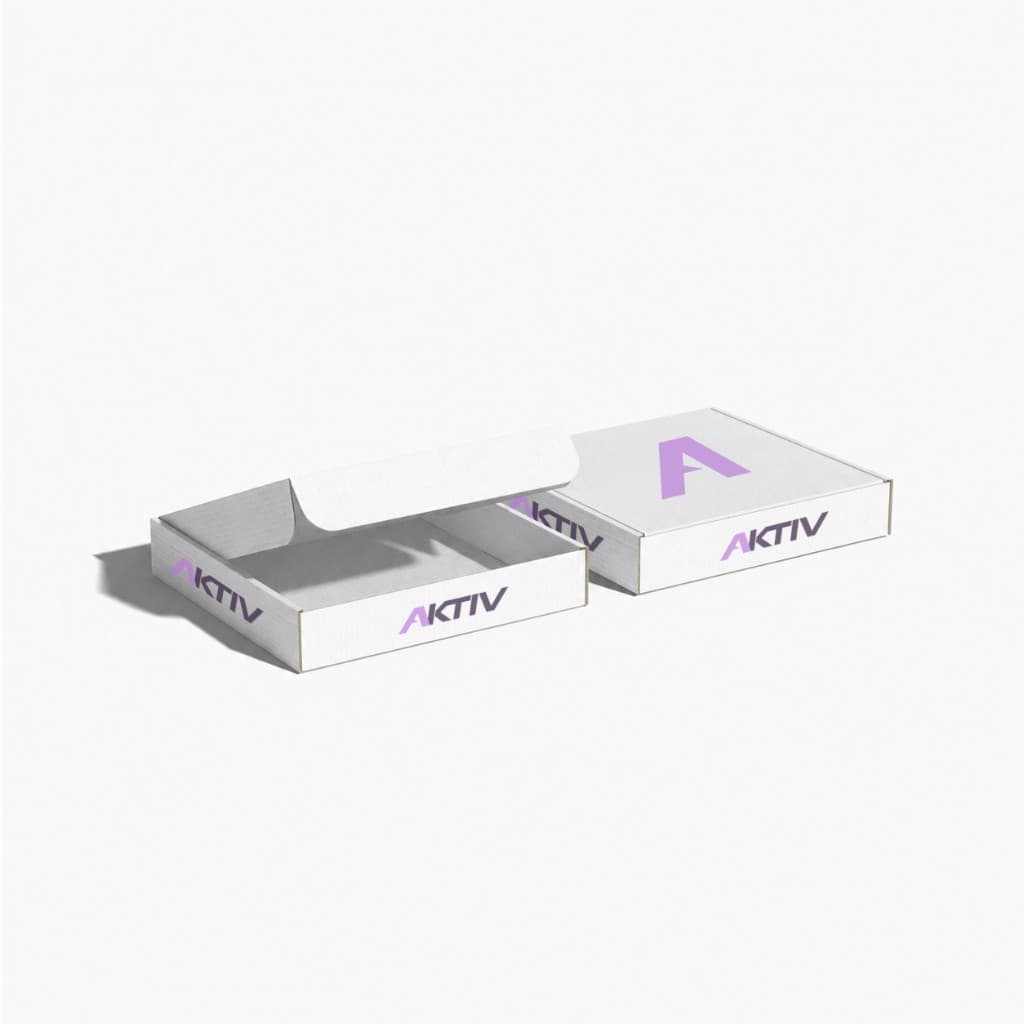 AKTIV wordmark and A mark printed on white shipping boxes