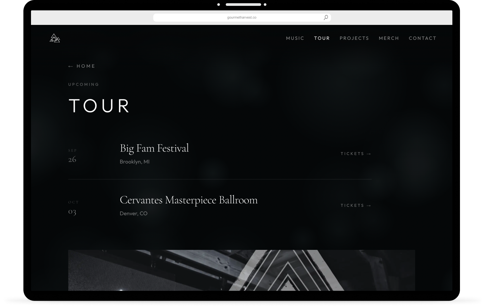 huck.jorris Tour page in a desktop browser, upcoming dates