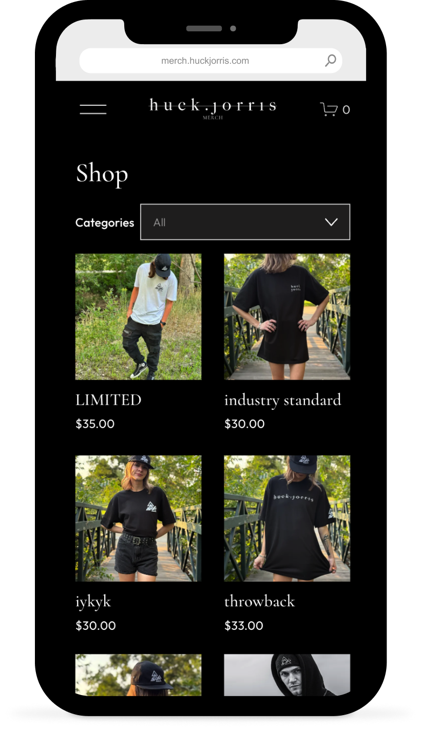 huck.jorris merch store on mobile, Shop with product grid
