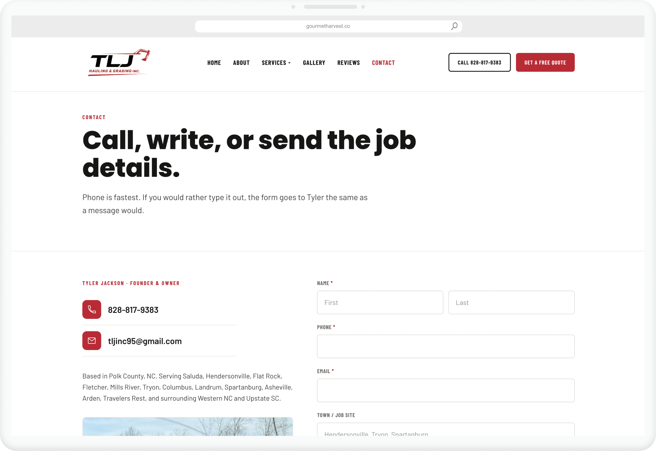 TLJ Hauling contact page on desktop, phone, email, and quote form